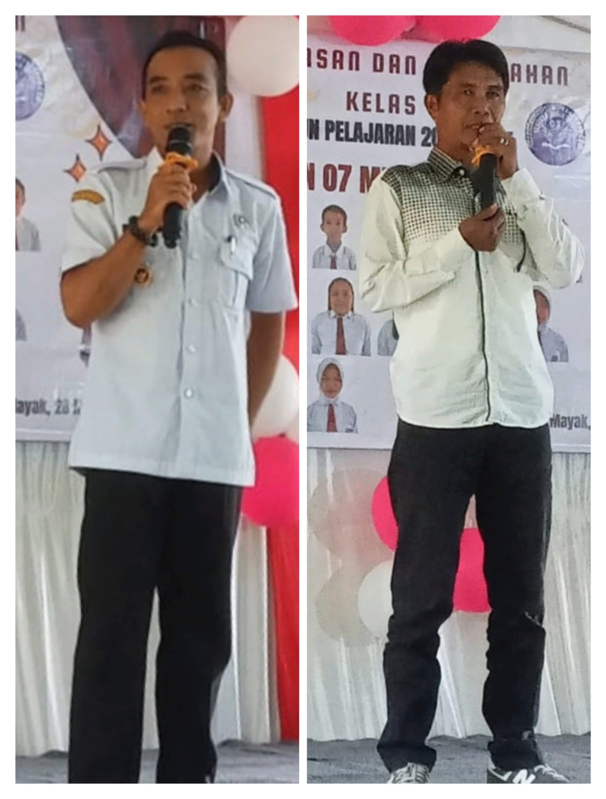 Kades Mayak Dino Karno dan Ketua Komite SDN 07 Muara Pawan,M.Hidayat memberikan sambutan dalam acara perpisahan Siswa kelas 6